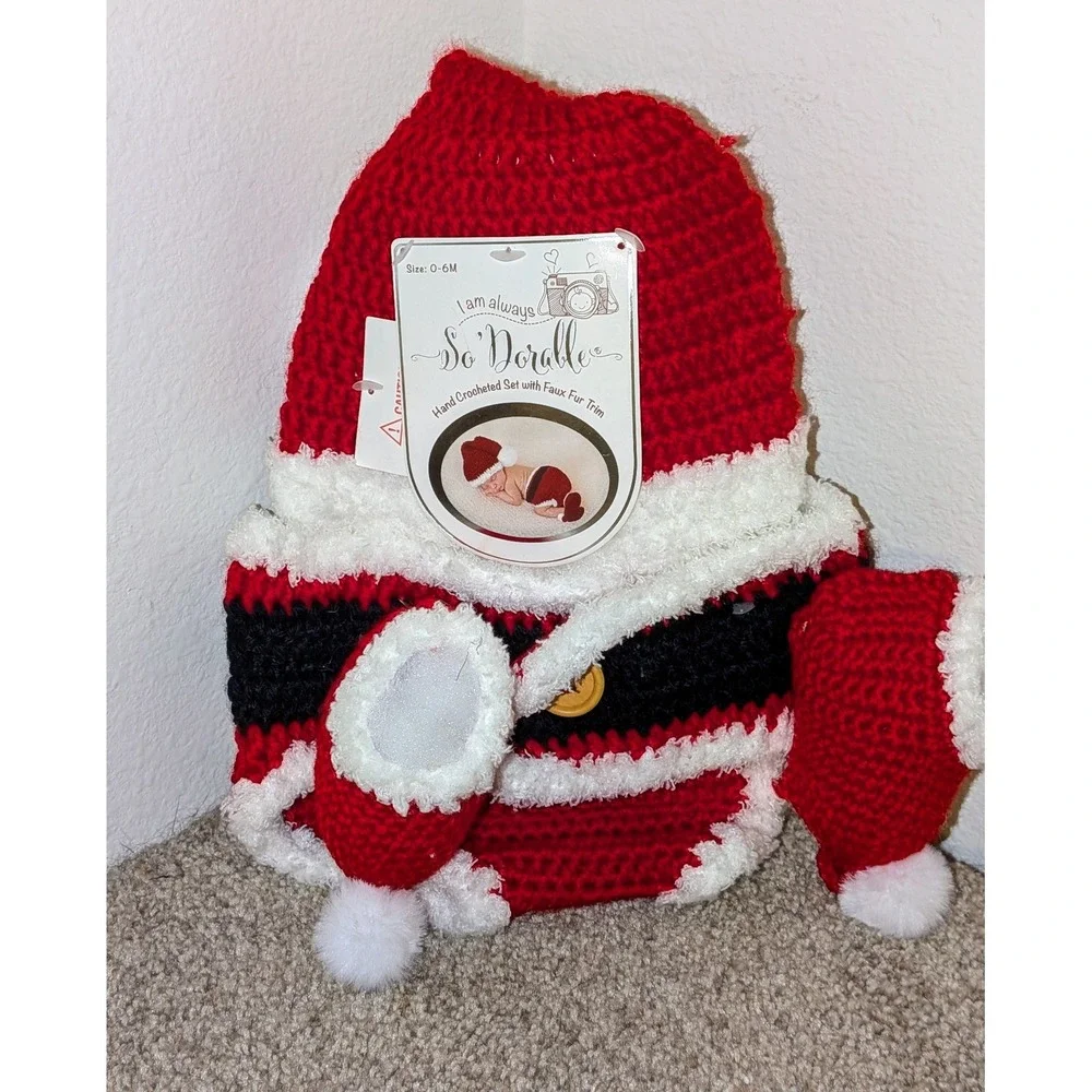 So Dorable Hand Crocheted Santa‎ Set Newborn Baby Photo Prop 0-6M Red White NWT